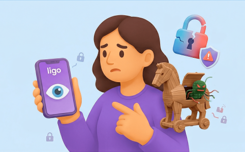 Ilustración de apps falsas que imitan Google Play en un blog de ciberseguridad de Ligo.
